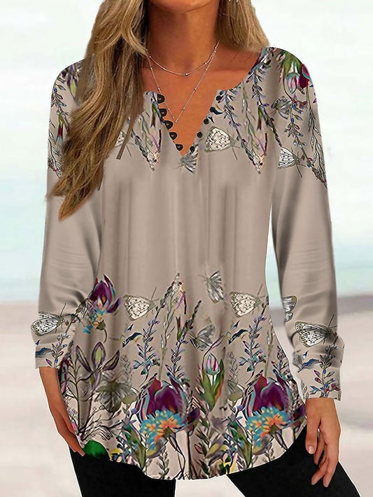 Women's Tunic Shirt Henley Shirt Blouse Tunic Basic Floral