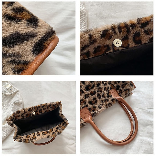Brown Bag Leather Fur with Women's Print Faux Tote Leopard