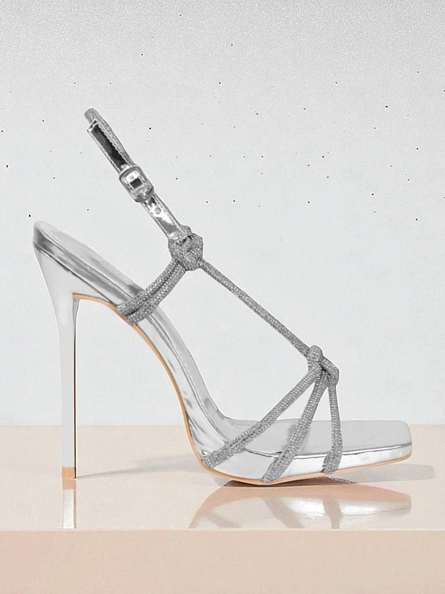 Square Stiletto Strappy Women's Rhinestone Heels with Toe