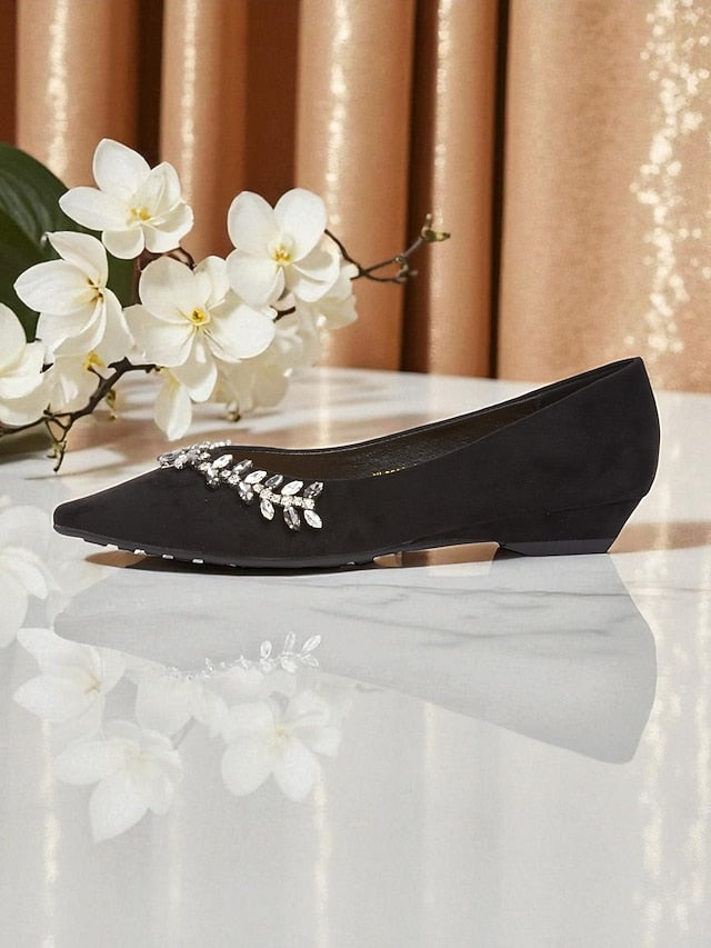 Women's Black Suede Pointed Rhinestone Toe with Flats