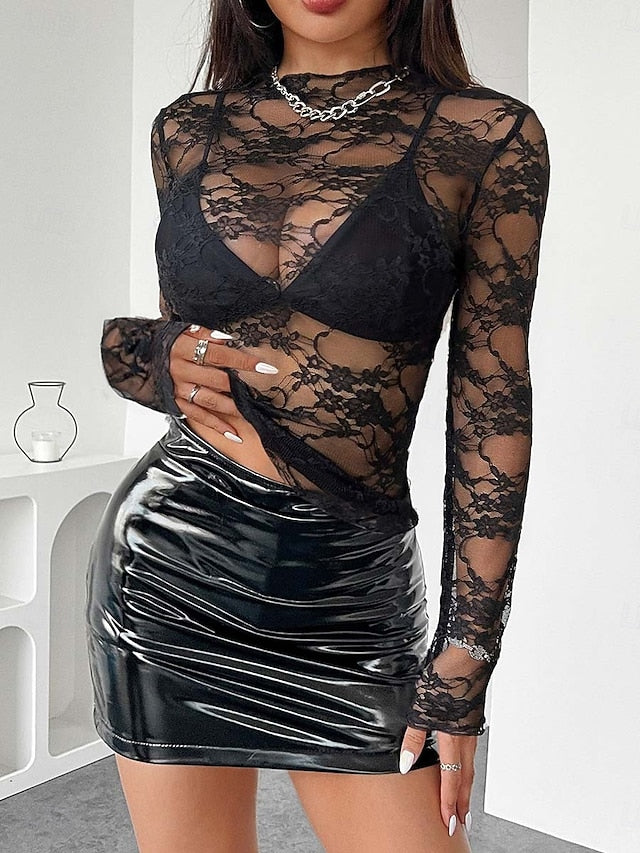 Women's Lace Splicing Top Lace Sexy Long Sleeve Crew Neck
