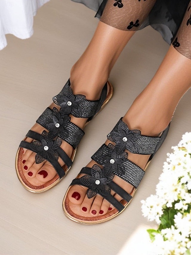 – Floral Sandals Elegant Flat Women's Beige Rhinestone