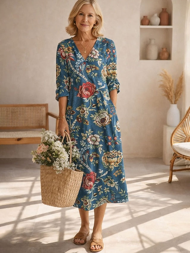 Women's Midi Dress Linen Like Breathable Lightweight