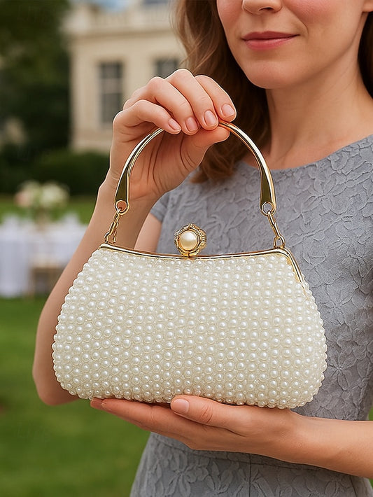 Evening Handle Bag Clutch Beaded Pearl with Gold Women's