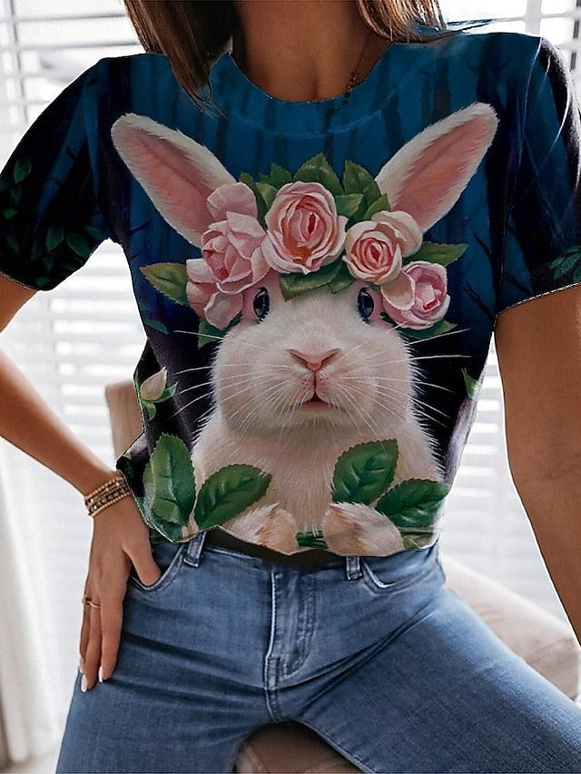 Women's Bunny Rose Crown T-shirt Blue Floral Crew Neck