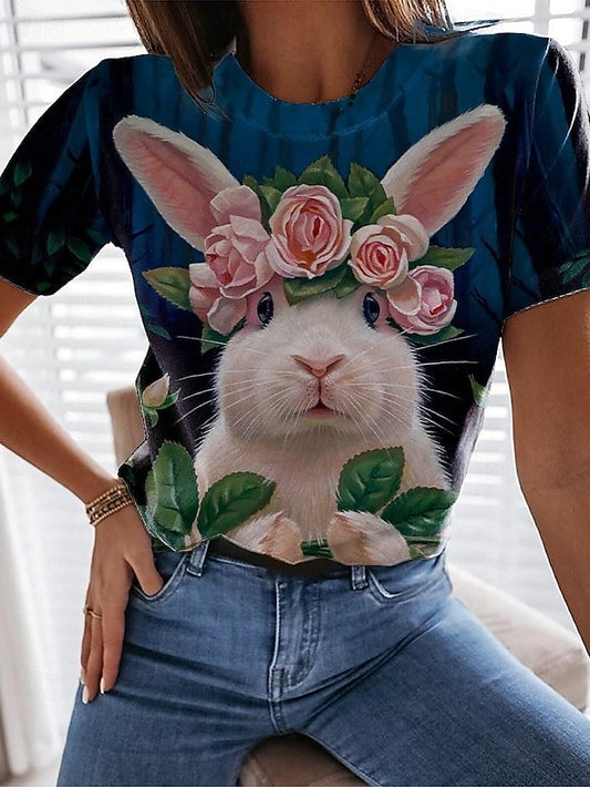 Women's Bunny Rose Crown T-shirt Blue Floral Crew Neck