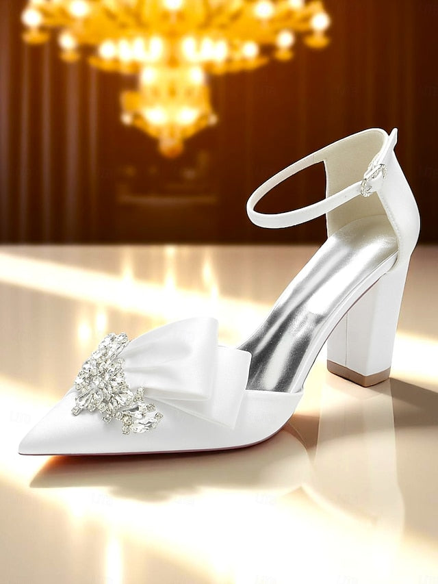 Heel with Satin Women's and Bow Block Crystal Pumps