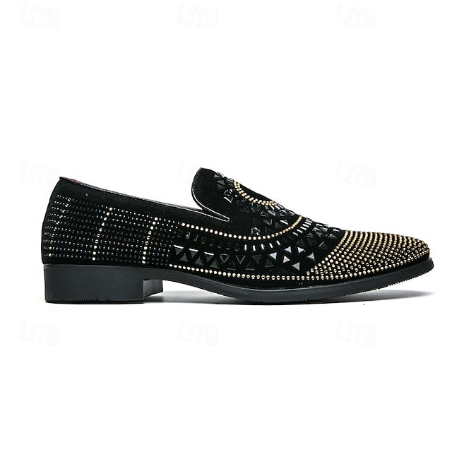 Black Spiral Men's Loafers Studded - Velvet Shoes Prom with