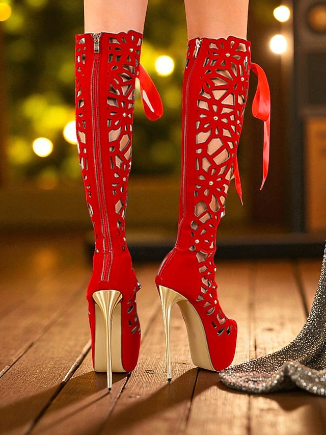 Knee Women's Boots Cutout High Stiletto Sexy Peep Platform