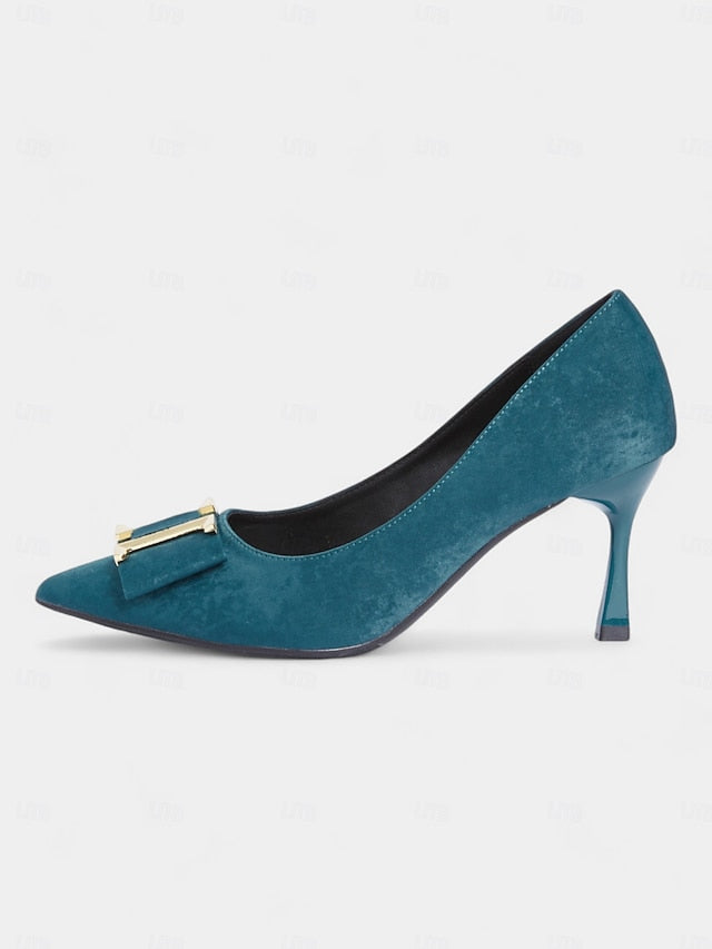 Velvet Elegant Pointed Women's Kitten - Heel Teal Toe Pumps