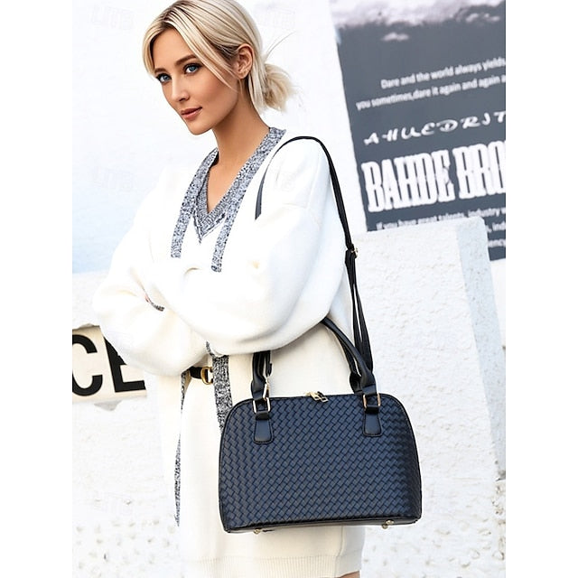 Faux Set Handbag Brown Women's Woven 3-Piece Leather –