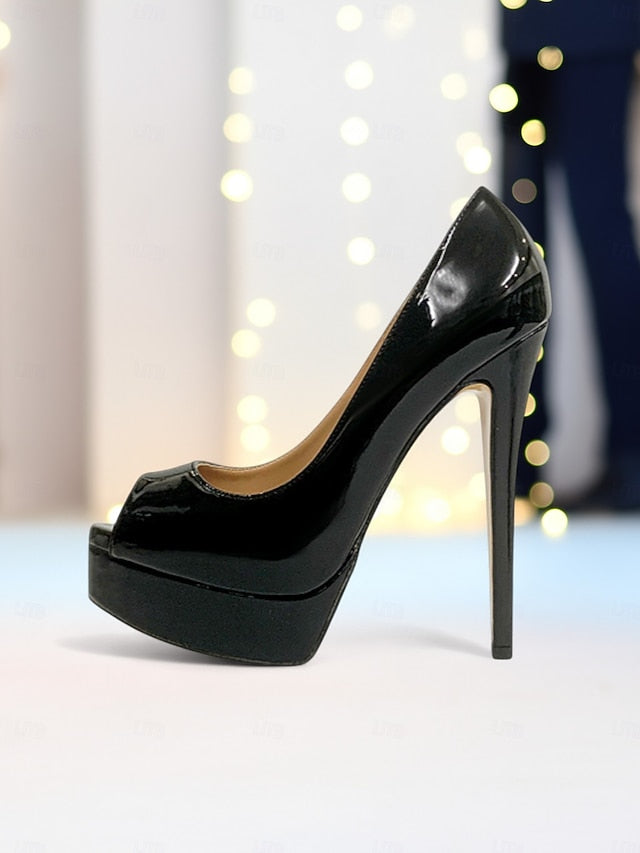 Patent Black Peep Platform Women's High Toe Heels Leather
