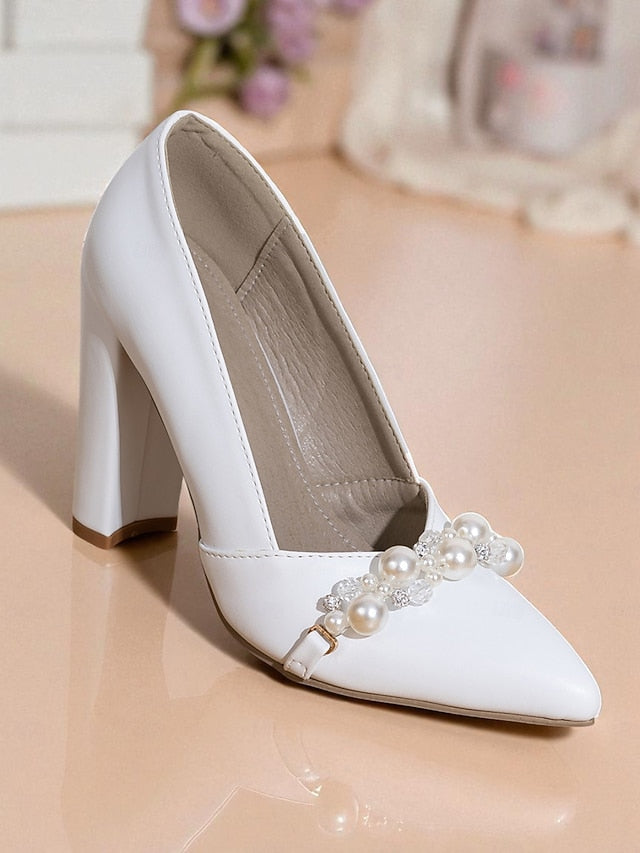 Women's Block Heel White Pearl Pumps Decor