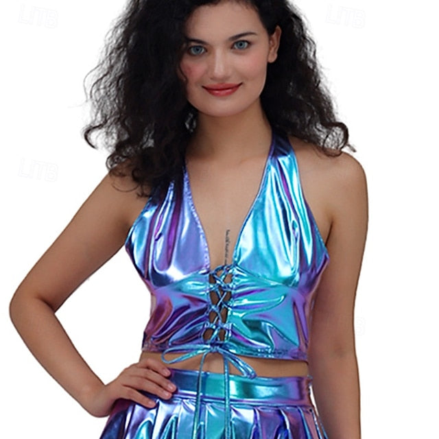 Retro Vintage 1980s Crop Top Disco Halter Shiny Latex Patent