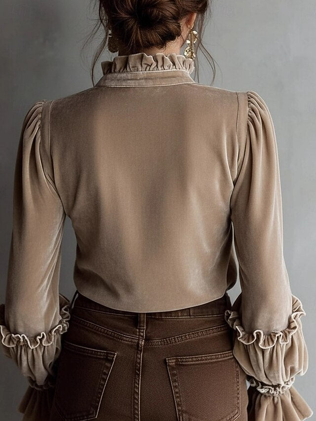 Women's Shirt Velvet Casual Shirt Ruffle Shirt Embroidered