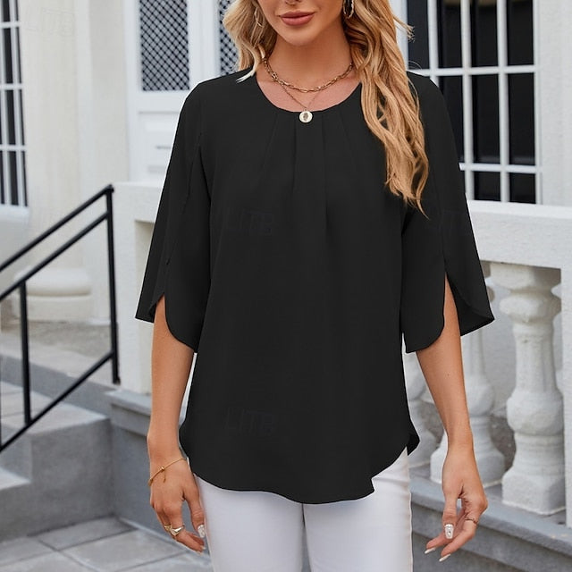 Women's Shirt Blouse Chiffon Tops Ruched Plain Stylish