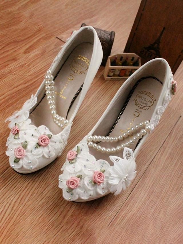 White Embellished Low Heel Strap Bridal Shoes for Pearl Floral