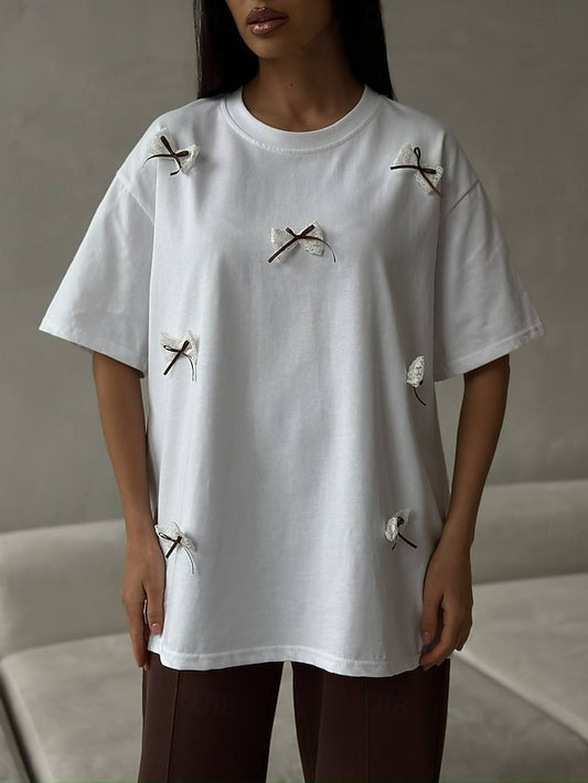 Women's Tee 100% Cotton 3D Appliques Bow Cute Stylish