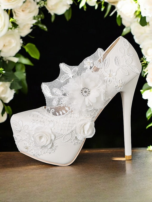 with Floral White Lace Wedding Shoes Embellishments