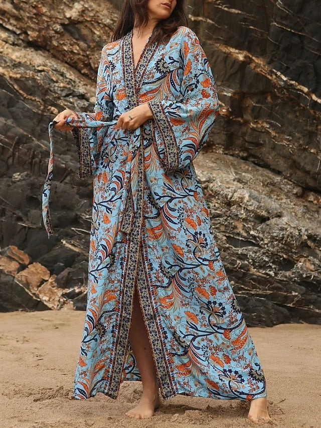 Women's Floral V Neck Maxi Dress Long Sleeve Summer Spring