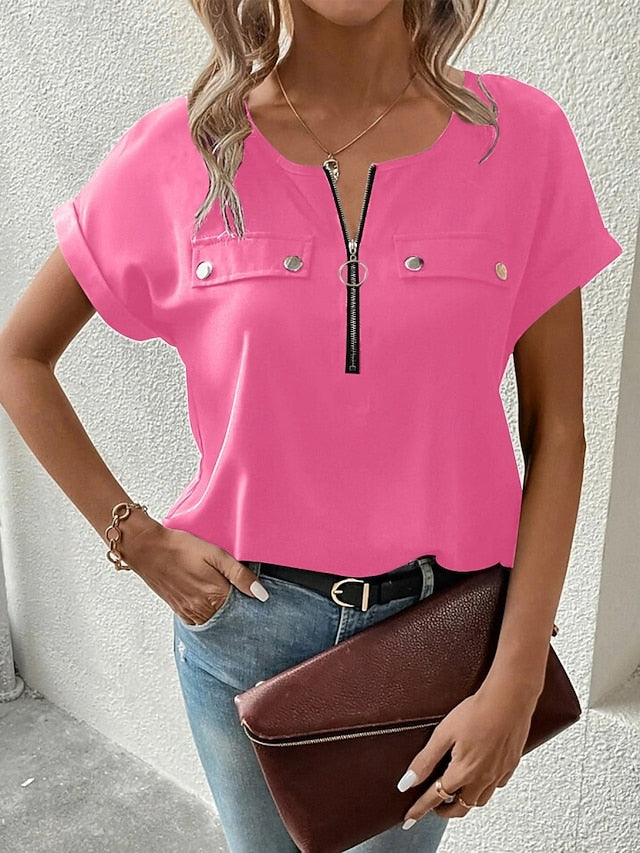 Women's T Shirt Tee Top Zipper Plain Fashion Stylish