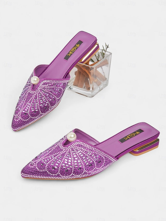- Detail Pearl Women's Mules Glamorous Rhinestone with Gold