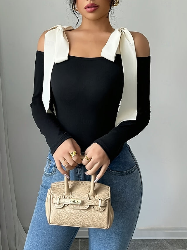 Women's Cold Shoulder Tops Bow Graphic Plain Elegant