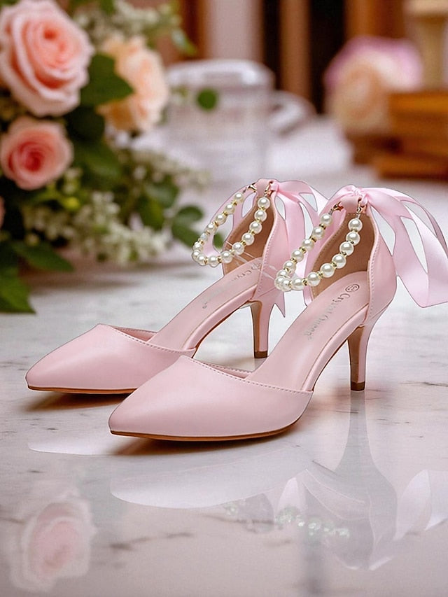 Pearl Bow Ankle Blue Women's - Pumps Strap with Heel Kitten