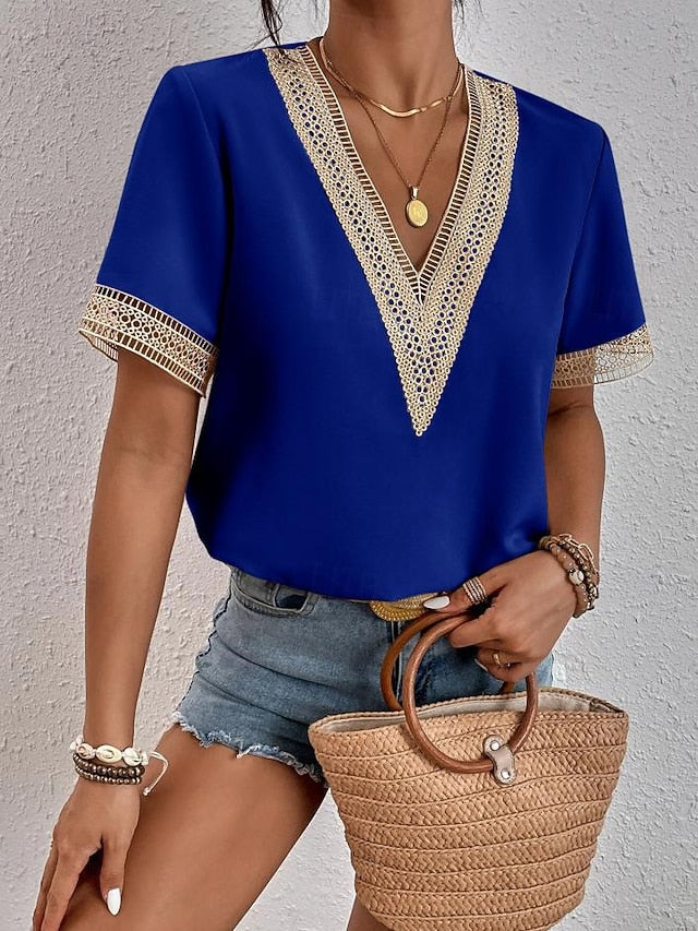 Women's Elegant Lace Tops Eyelet Blouse Lace Work Stylish