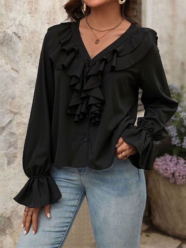 Women's Shirt Elegant Dressy Satin Top Ruched Ruffle