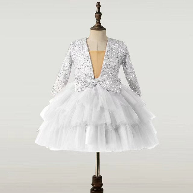 Party Girls' Dress Long Kids Performance Sequin Sleeve