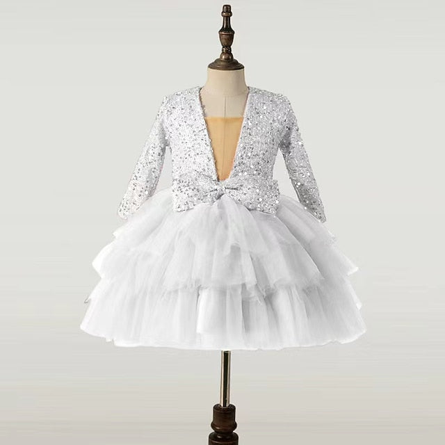 Dress Performance Party Sequin Girls' Long Sleeve Kids