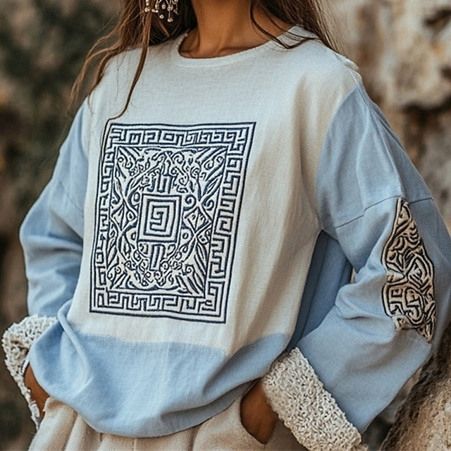 Women's Boho Shirt Faux Cotton Linen Print Geometric Plain