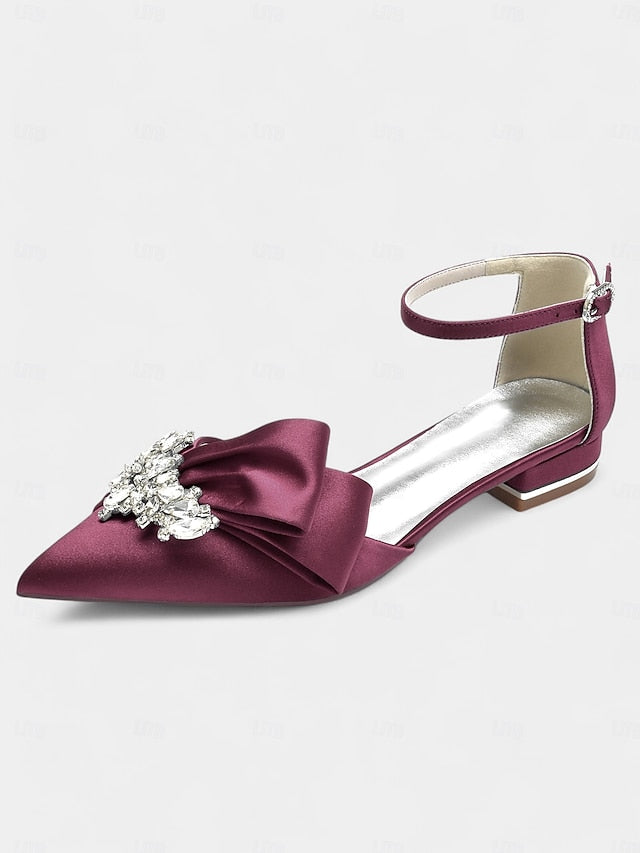 Bow Heels and Pointed-Toe Ankle with Rhinestone White Satin