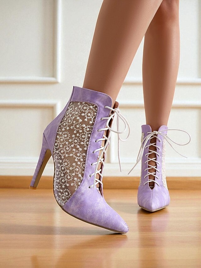Women's White Stiletto Lace Heels Ankle Booties Mesh with