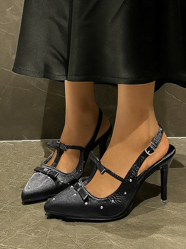Purple Studs Satin T-Strap and Bows Women's – with Heels