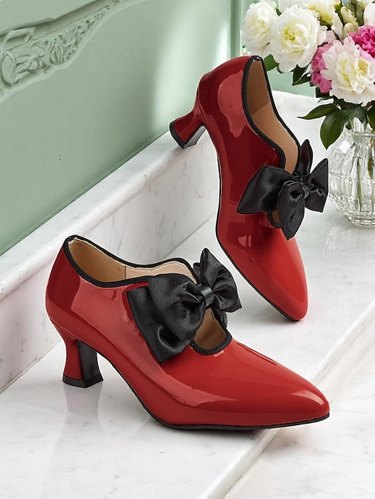 Women's – Patent Heel Leather Vintage Red 1920s Shoes Low