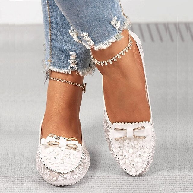 Pink Flats Floral Details - Bow with and Women's Lace