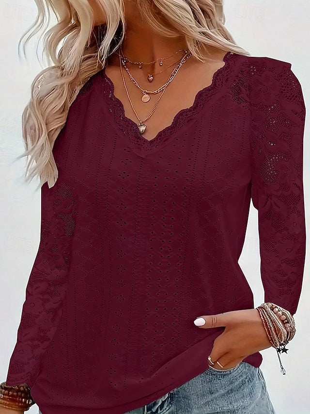 Women's Lace Splicing Top Blouse Ruched Lace Patchwork