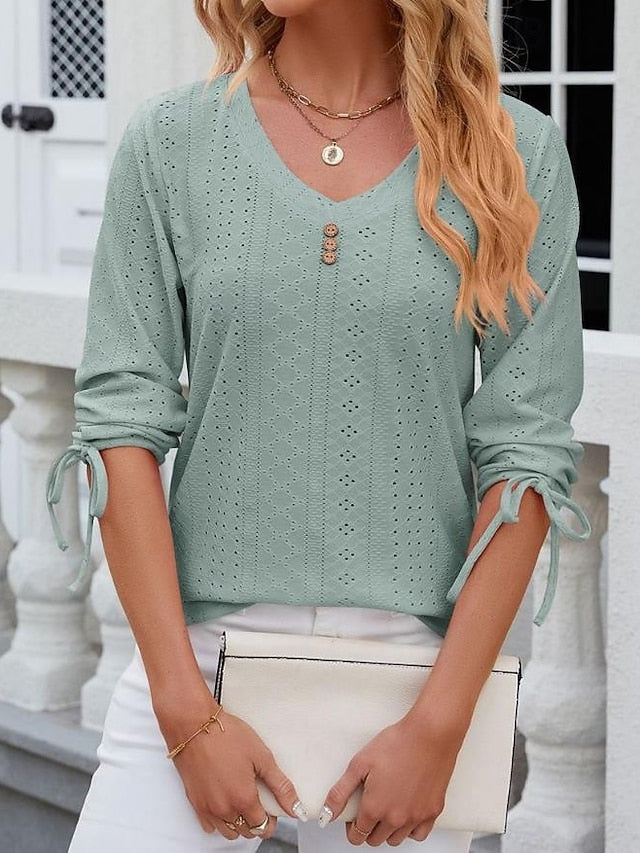 Women's White Elegant Lace Tops Eyelet Blouse Stylish