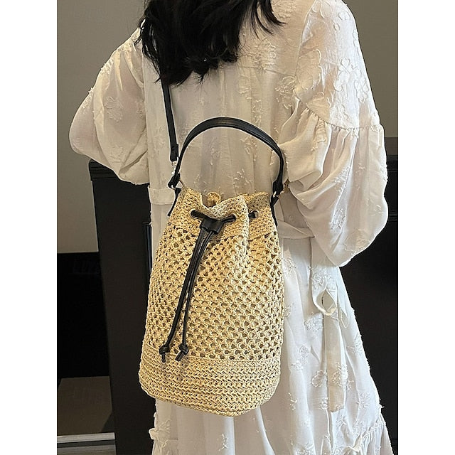 - Drawstring Summer Bucket Bag Woven Women’s Stylish with Tote