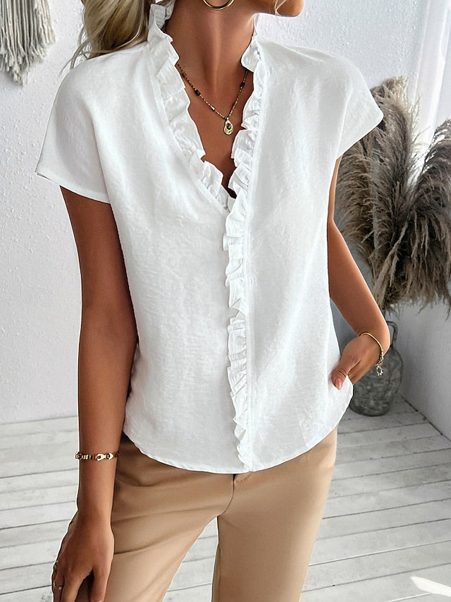 Women's Blouse Ruffle Patchwork Solid Color Stylish Basic