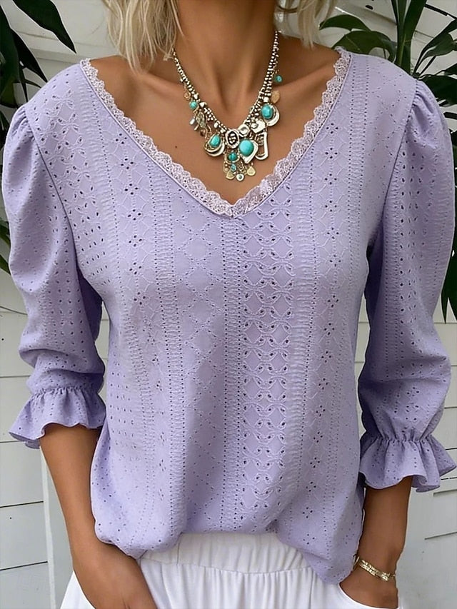 Women's Shirt Blouse Eyelet top Long Sleeve Tops Eyelet