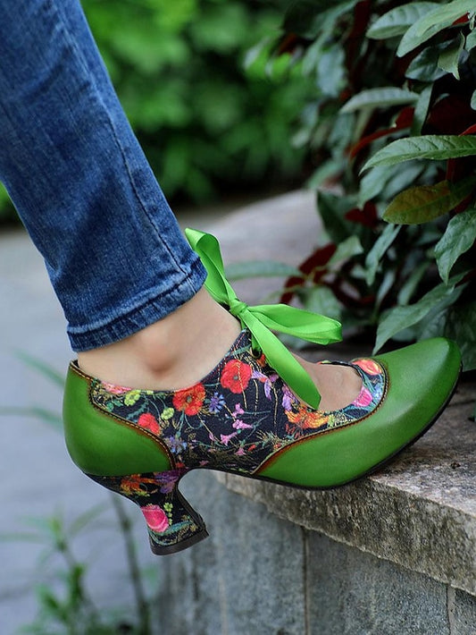 Mary Floral Heels Green Women's with Jane Leather Print
