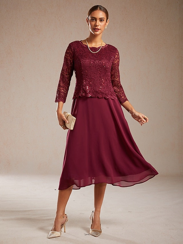 Women's Midi Dress Chiffon Dress Elegant Solid Color 3/4