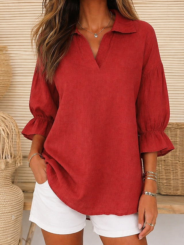 Women's Blouse Faux Linen Shirt Solid Color Stylish Casual
