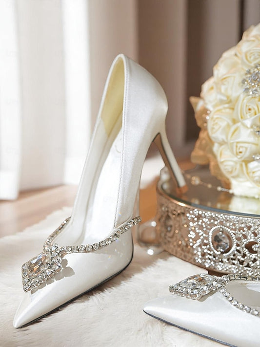 Satin with Toe Women's Crystal Wedding Pointed Heels White