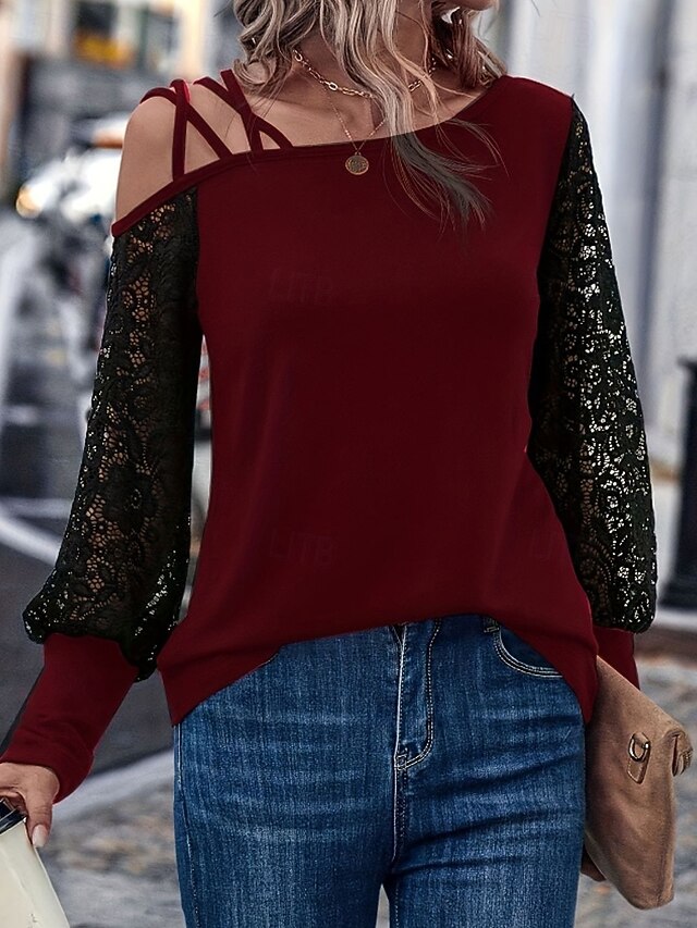Women's Blouse Lace Tops Lace Patchwork Plain Active