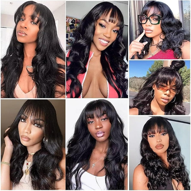 Body Wave Wigs with Bangs Human Hair  Wavy Full Machine Made