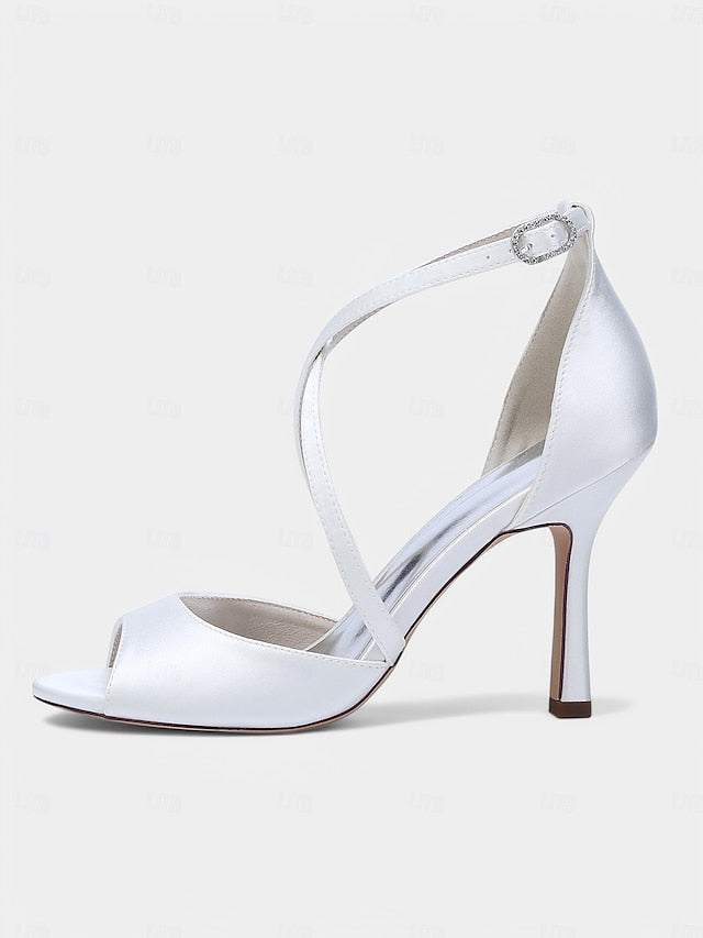 White Cross-Strap Heels – Satin Peep-Toe Women's Elegant
